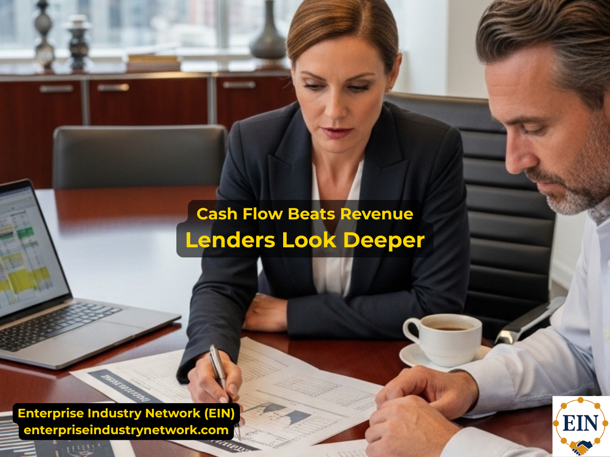 Cash flow vs revenue for business funding, explaining why lenders may evaluate cash flow, expenses, bank activity, and repayment ability beyond top-line sales.
