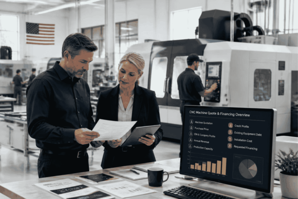 Manufacturer reviewing CNC machine financing with EIN revenue credit and equipment cost information