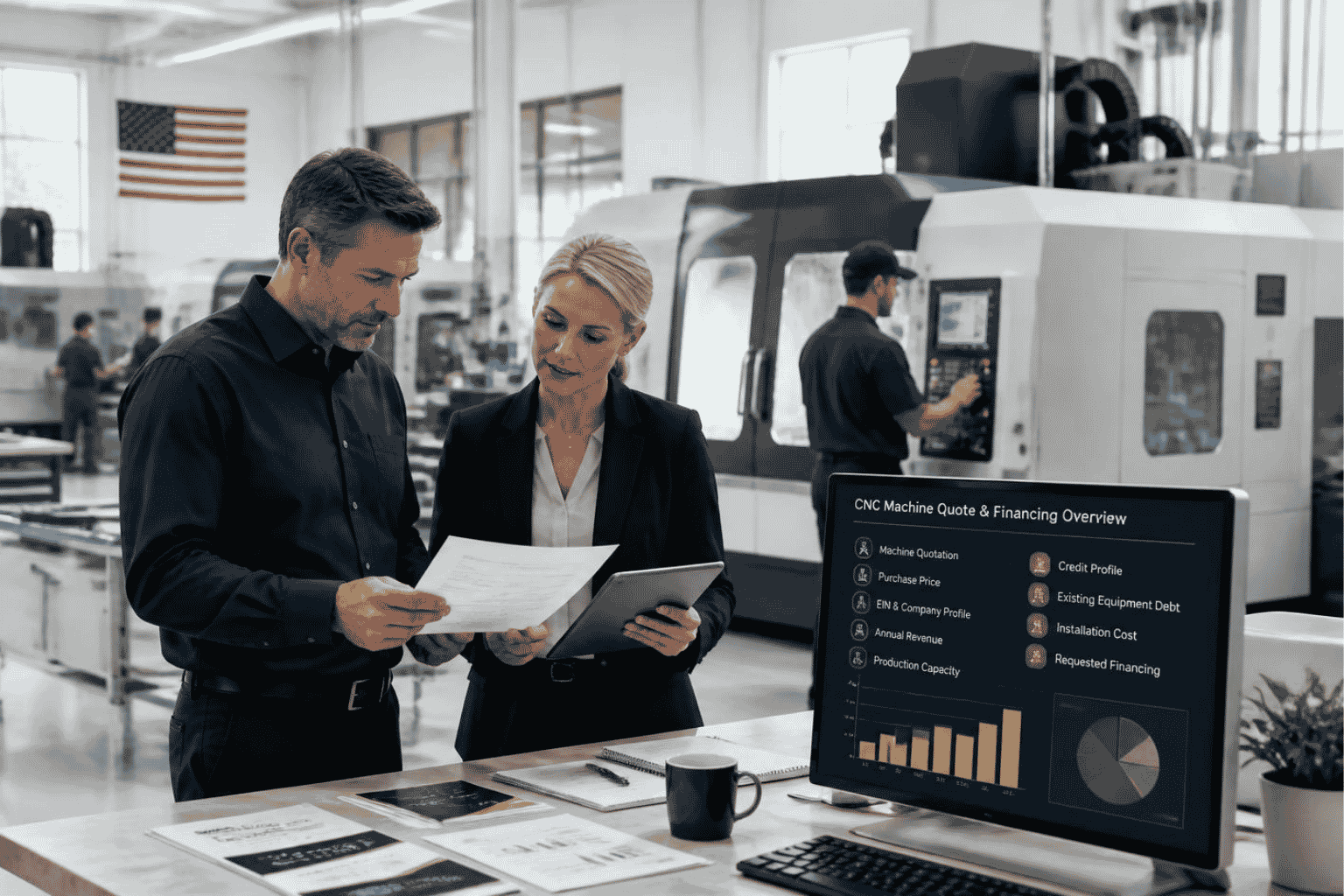 Manufacturer reviewing CNC machine financing with EIN revenue credit and equipment cost information