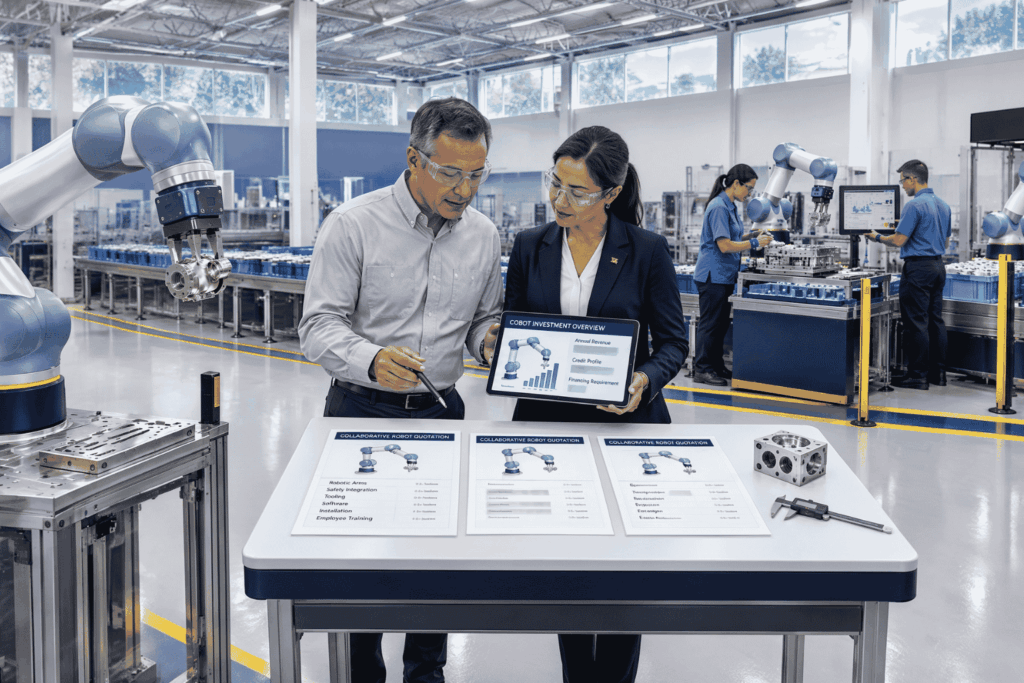 Manufacturer reviewing collaborative robot financing for cobot equipment software and integration