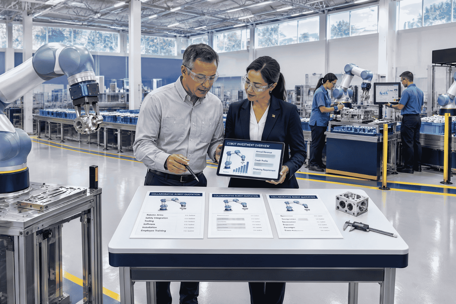 Manufacturer reviewing collaborative robot financing for cobot equipment software and integration