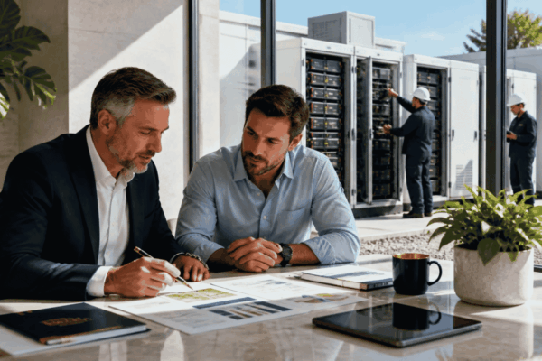 Business owner reviewing financing for commercial battery storage equipment and installation