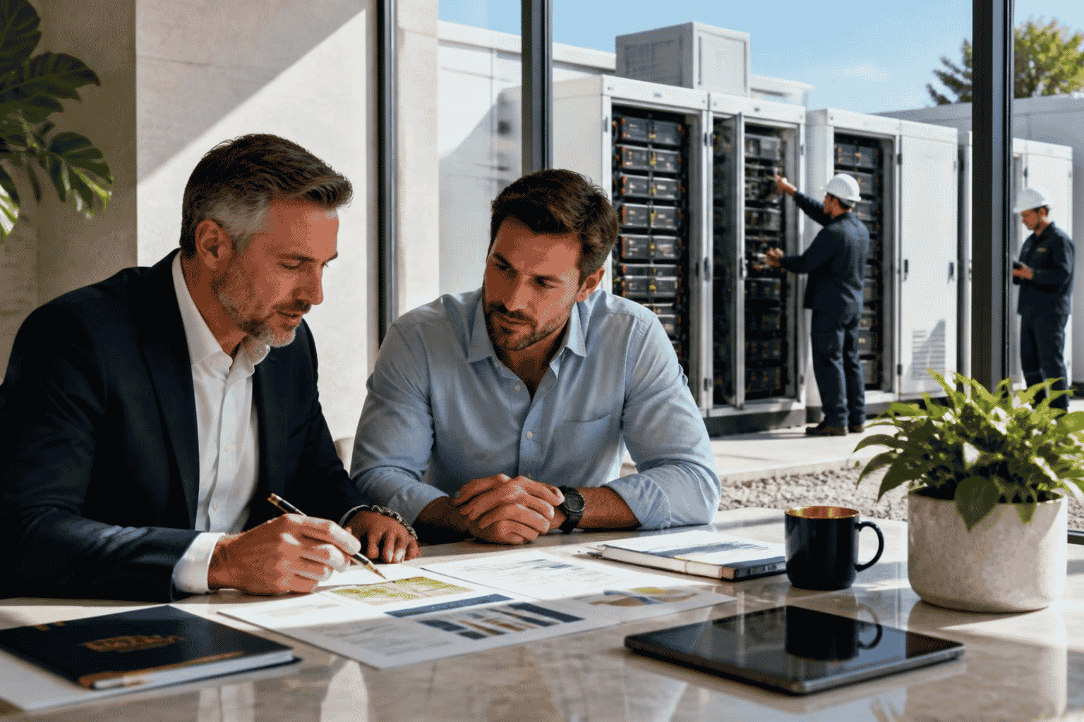 Business owner reviewing financing for commercial battery storage equipment and installation