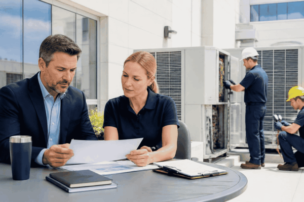 Business owner reviewing financing for commercial HVAC and building equipment upgrades