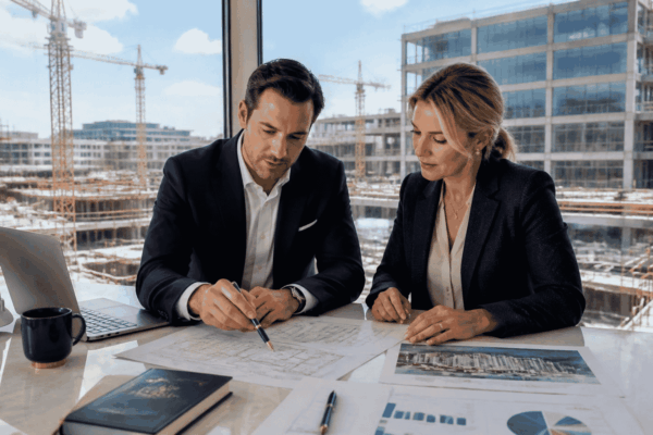 Commercial developer reviewing real estate development financing and project funding requirements