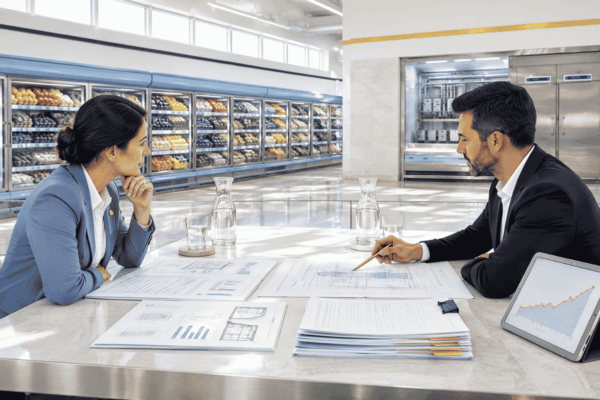 Business owner reviewing commercial refrigeration equipment financing with EIN and installation costs