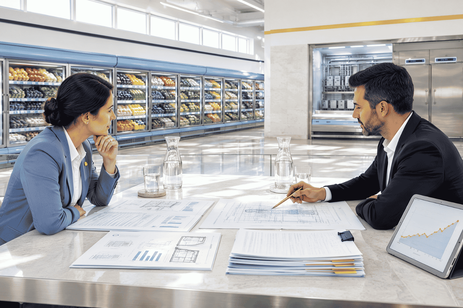 Business owner reviewing commercial refrigeration equipment financing with EIN and installation costs