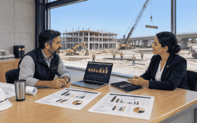 Construction contractor reviewing working capital for mobilization payroll and materials