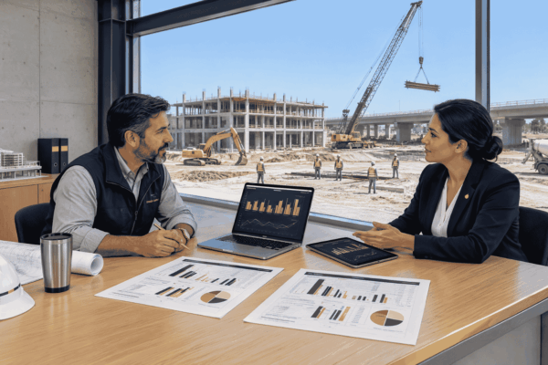 Construction contractor reviewing working capital for mobilization payroll and materials
