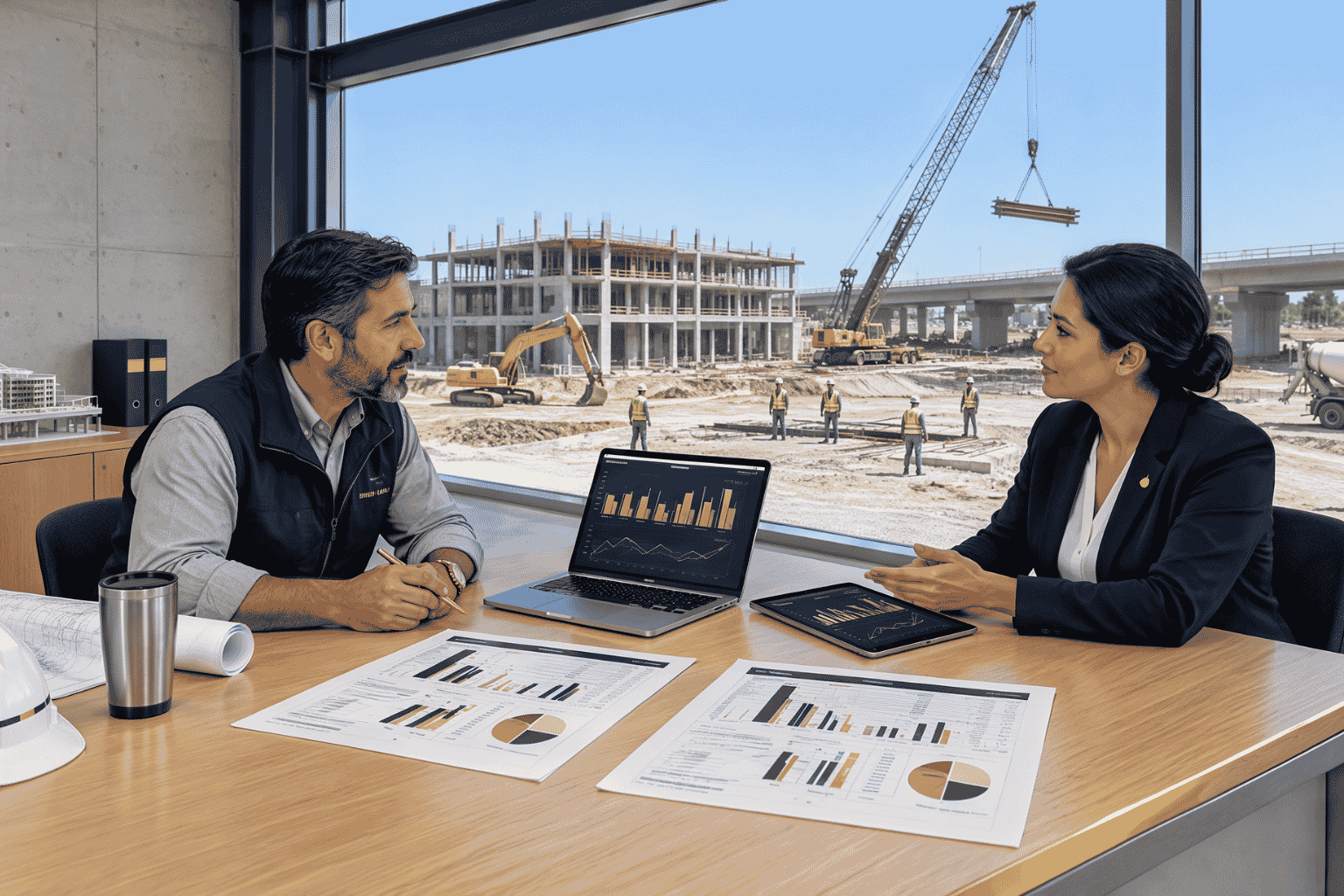 Construction contractor reviewing working capital for mobilization payroll and materials