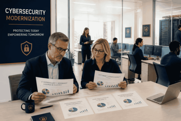 Business owner reviewing financing for cybersecurity hardware software and implementation