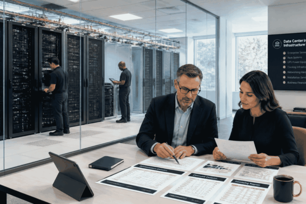 Technology business owner reviewing financing for data center servers UPS cooling and network equipment