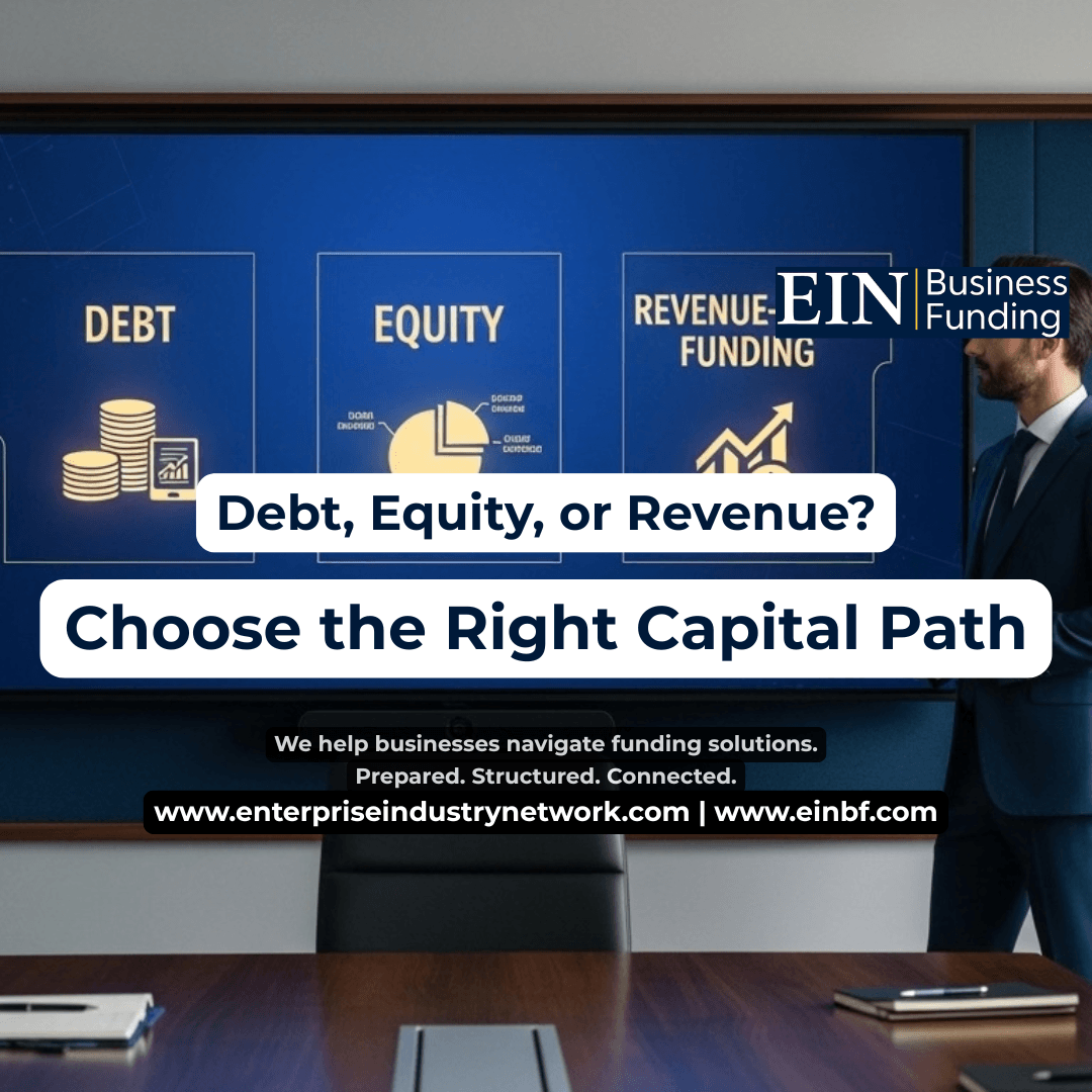 Debt vs equity vs revenue-based financing comparison for business owners evaluating ownership, repayment obligations, cash flow, growth capital, and business control.