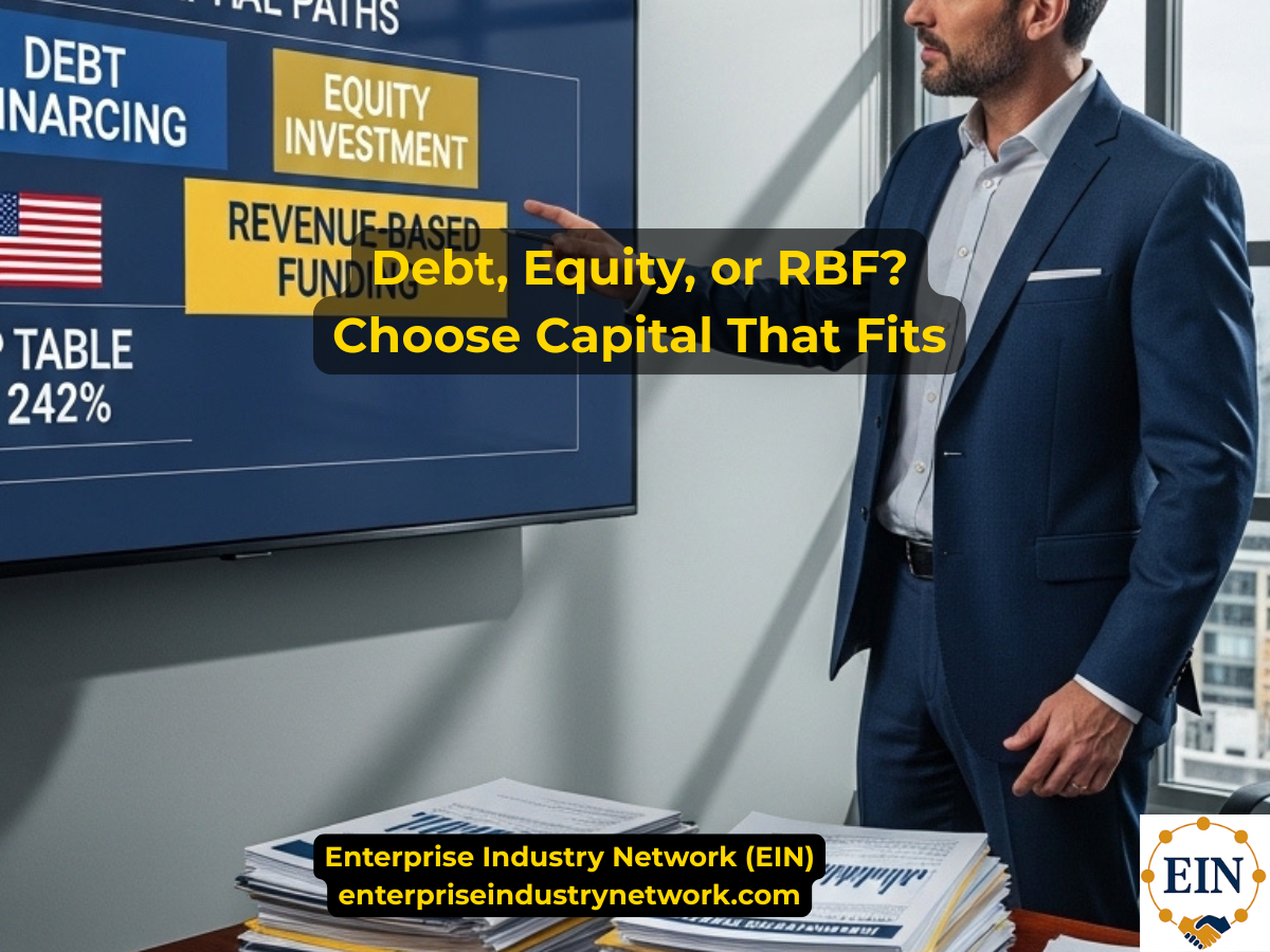 Debt vs equity vs revenue-based financing comparison for business owners evaluating repayment, ownership, cash flow, growth capital, and funding options.