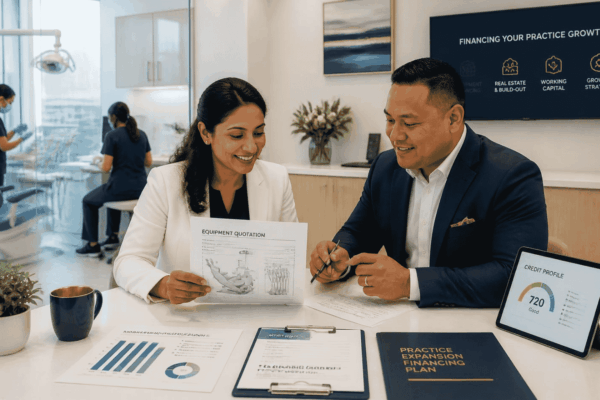 Dental practice owner reviewing financing for equipment build-out and working capital