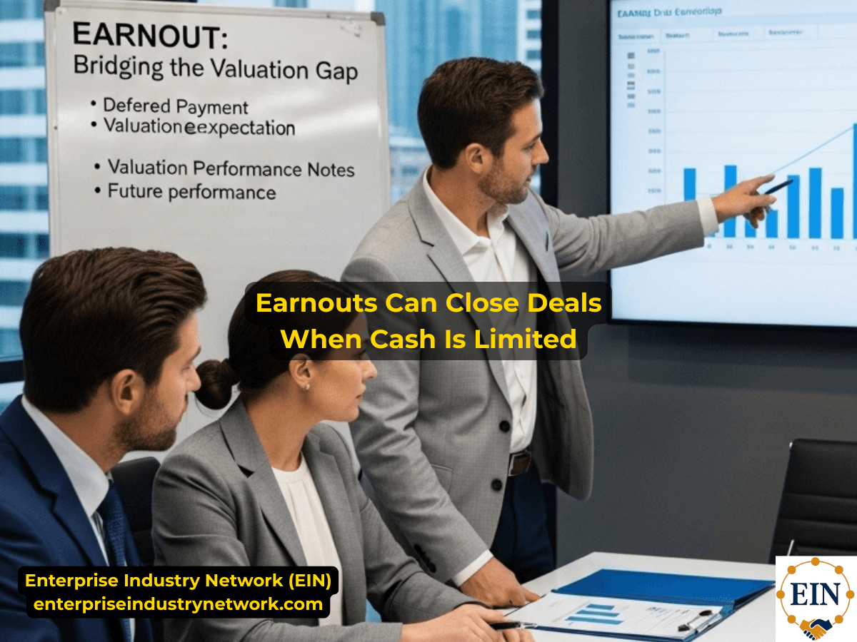 Earnouts in business acquisitions showing how future performance payments can bridge valuation gaps and complement buyer equity, seller financing, and acquisition funding.