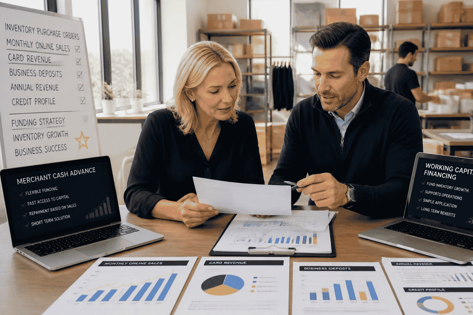 Ecommerce owner comparing a cash advance with working capital financing for inventory