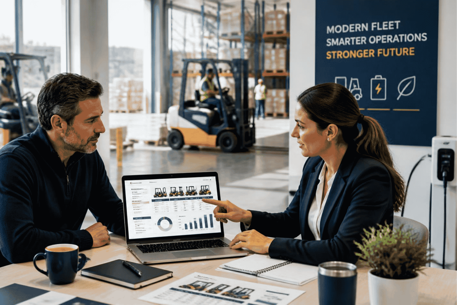 Warehouse owner reviewing financing for electric forklifts and material handling equipment