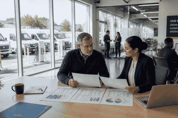 Business owner reviewing financing for electric commercial vehicles charging equipment and working capital