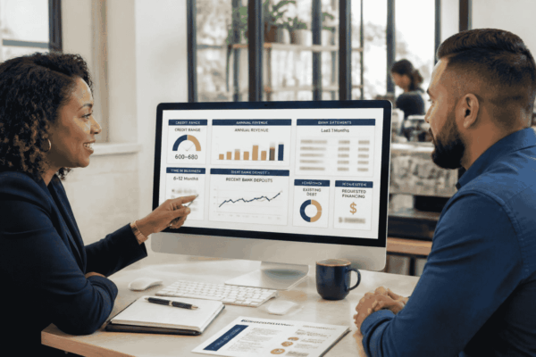 Business owner reviewing online fintech funding with 600 to 680 credit and bank deposits
