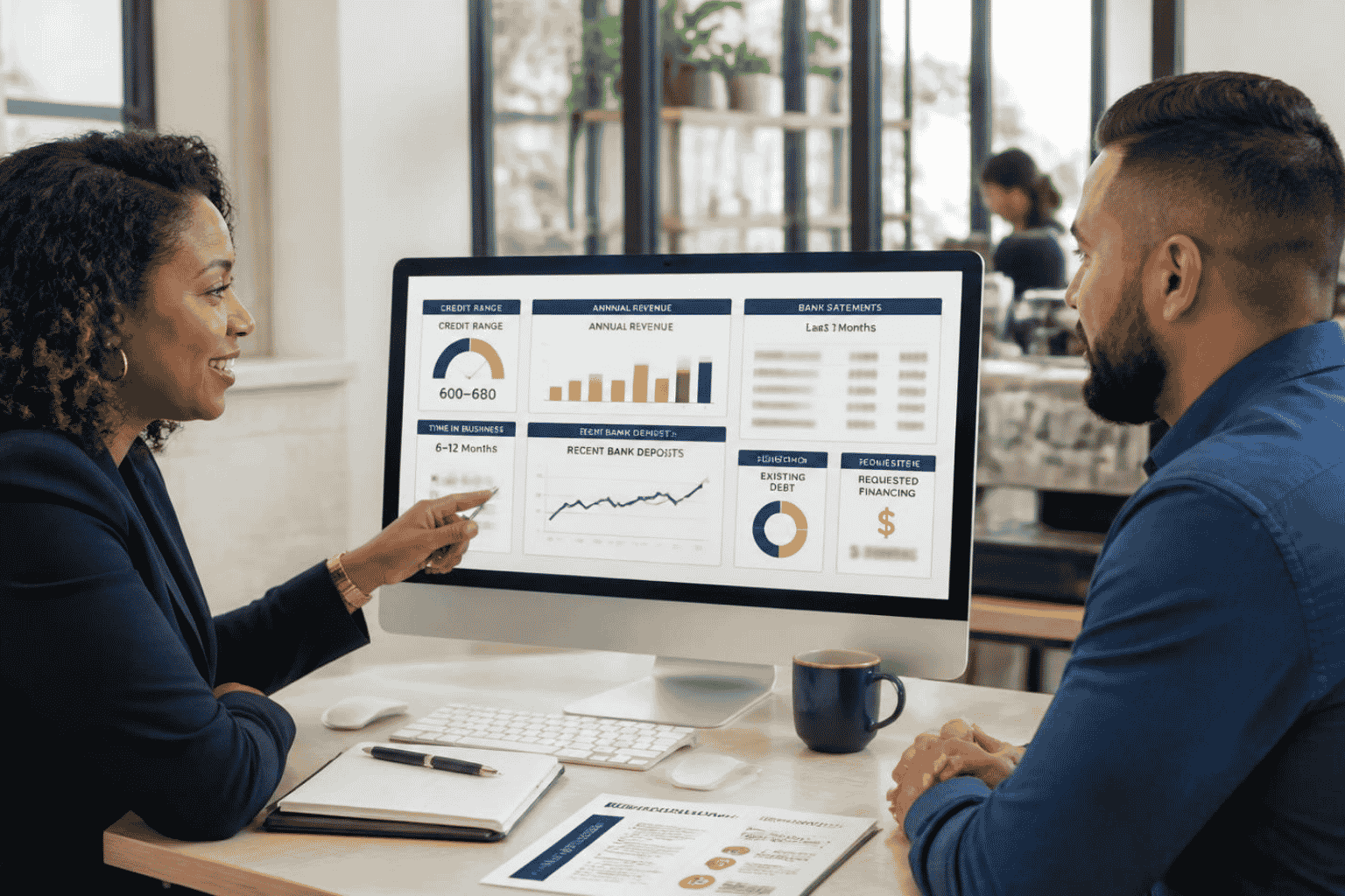 Business owner reviewing online fintech funding with 600 to 680 credit and bank deposits