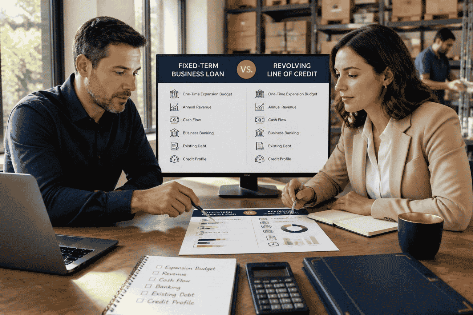 Business owner comparing a fixed-term loan with a revolving business line of credit