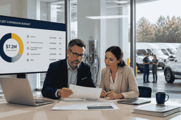 Business owner reviewing financing for fleet vehicles equipment technology and operating costs