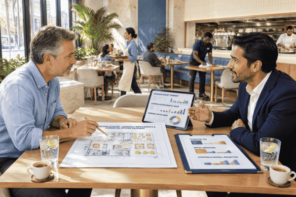 Restaurant franchise owner reviewing financing for a second location equipment build out and working capital