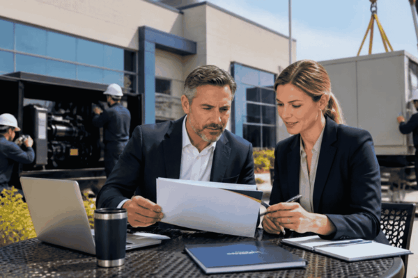 Business owner reviewing financing for a commercial generator and backup power equipment
