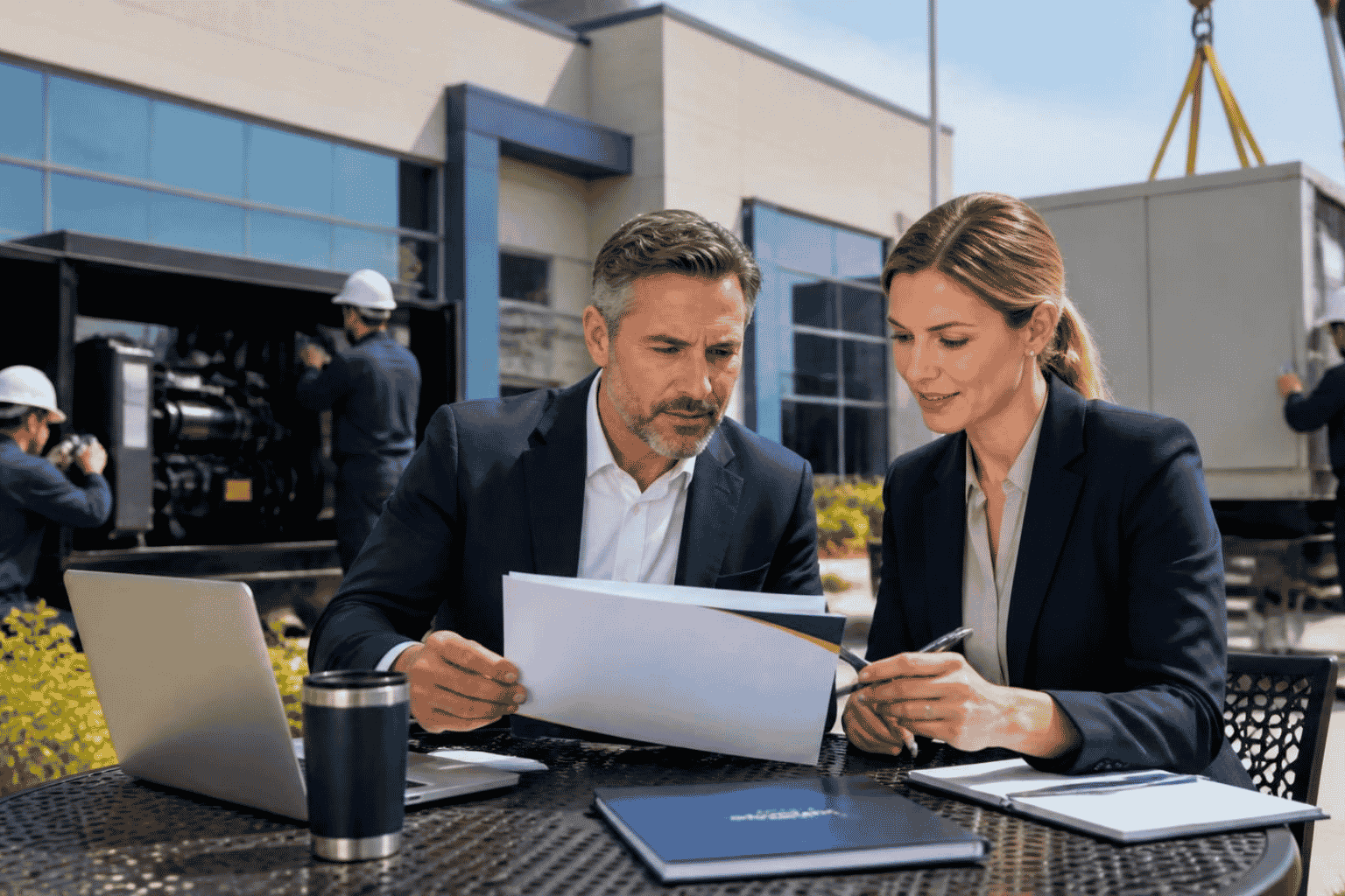 Business owner reviewing financing for a commercial generator and backup power equipment