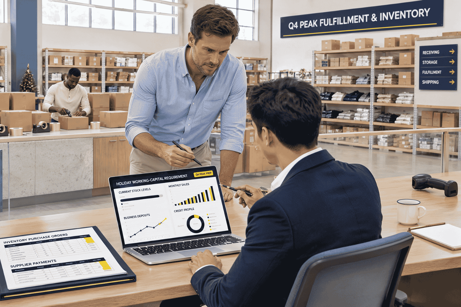 Retail business owner reviewing holiday inventory financing working capital and supplier costs