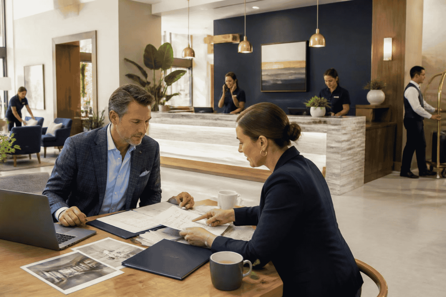 Hotel owner reviewing financing for renovation equipment and working capital