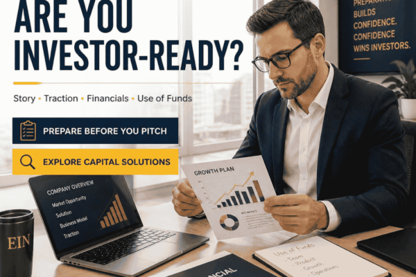 EIN Venture Capital graphic focused on investor readiness, including company story, traction, financials and use of funds.
