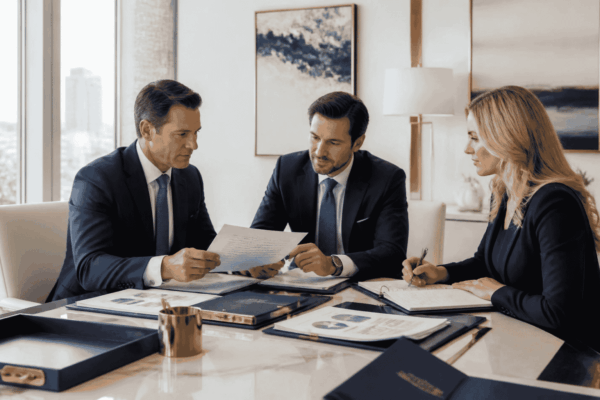 Business buyer seller and attorney reviewing a letter of intent before due diligence