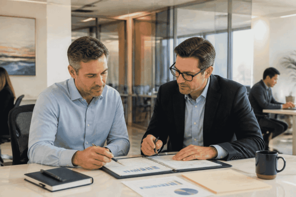 Company manager reviewing financing to buy the business through a management buyout
