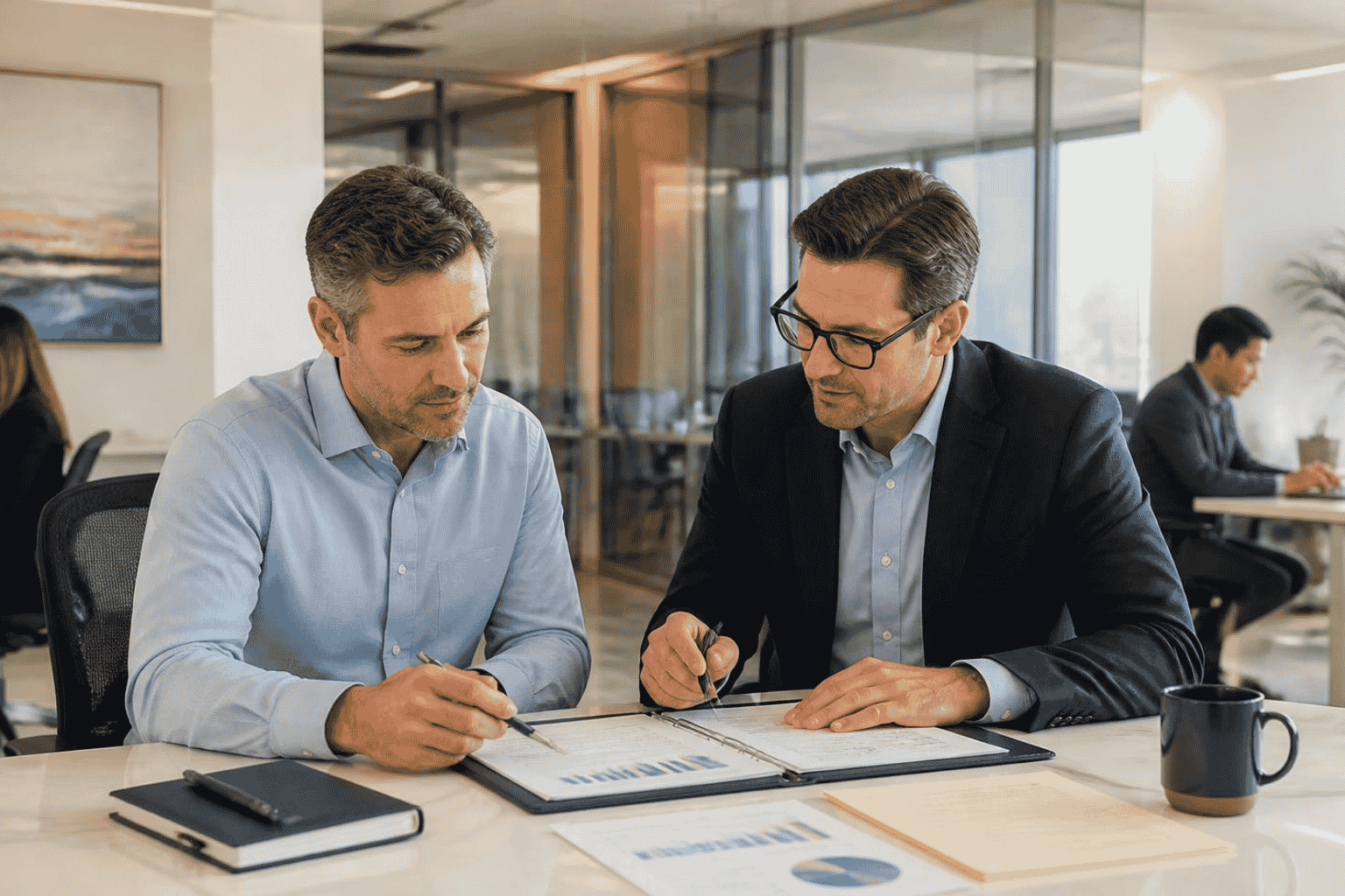Company manager reviewing financing to buy the business through a management buyout