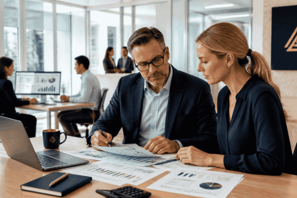 Service business owner reviewing payroll financing while waiting for Net-30 and Net-60 client payments