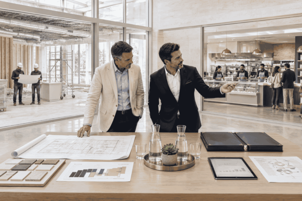 Business owner and advisor comparing opening a second location with acquiring a competitor