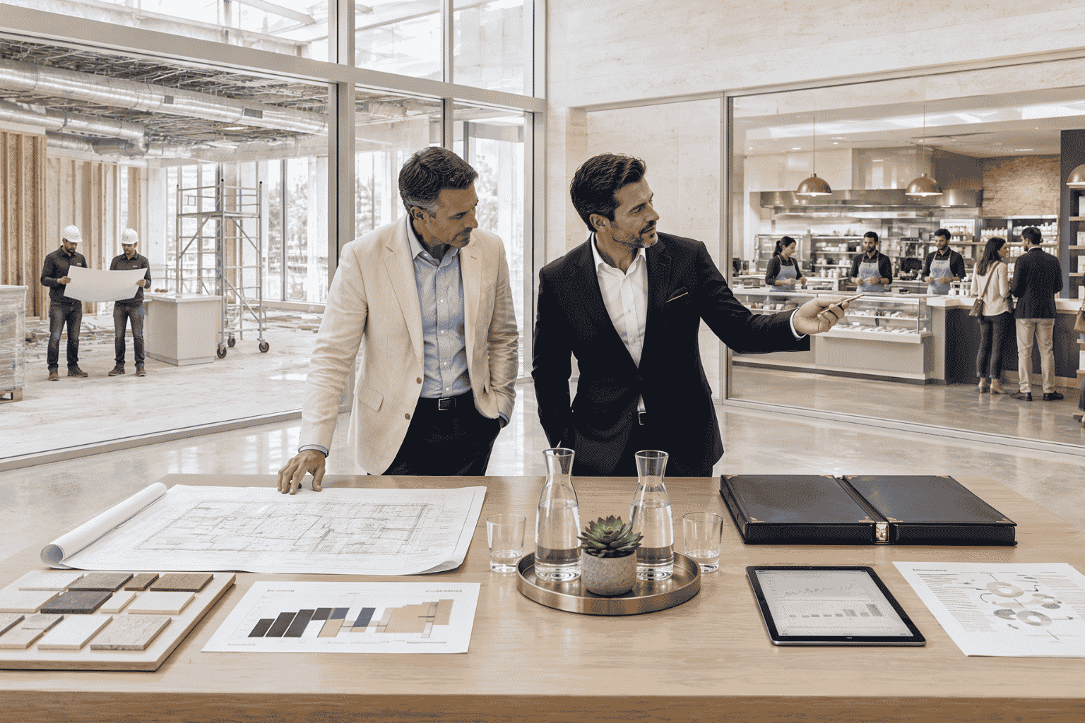 Business owner and advisor comparing opening a second location with acquiring a competitor