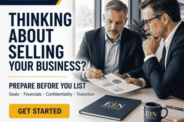 EIN Business Brokers graphic encouraging business owners to prepare their goals, financials, confidentiality plan and transition strategy before selling a business.
