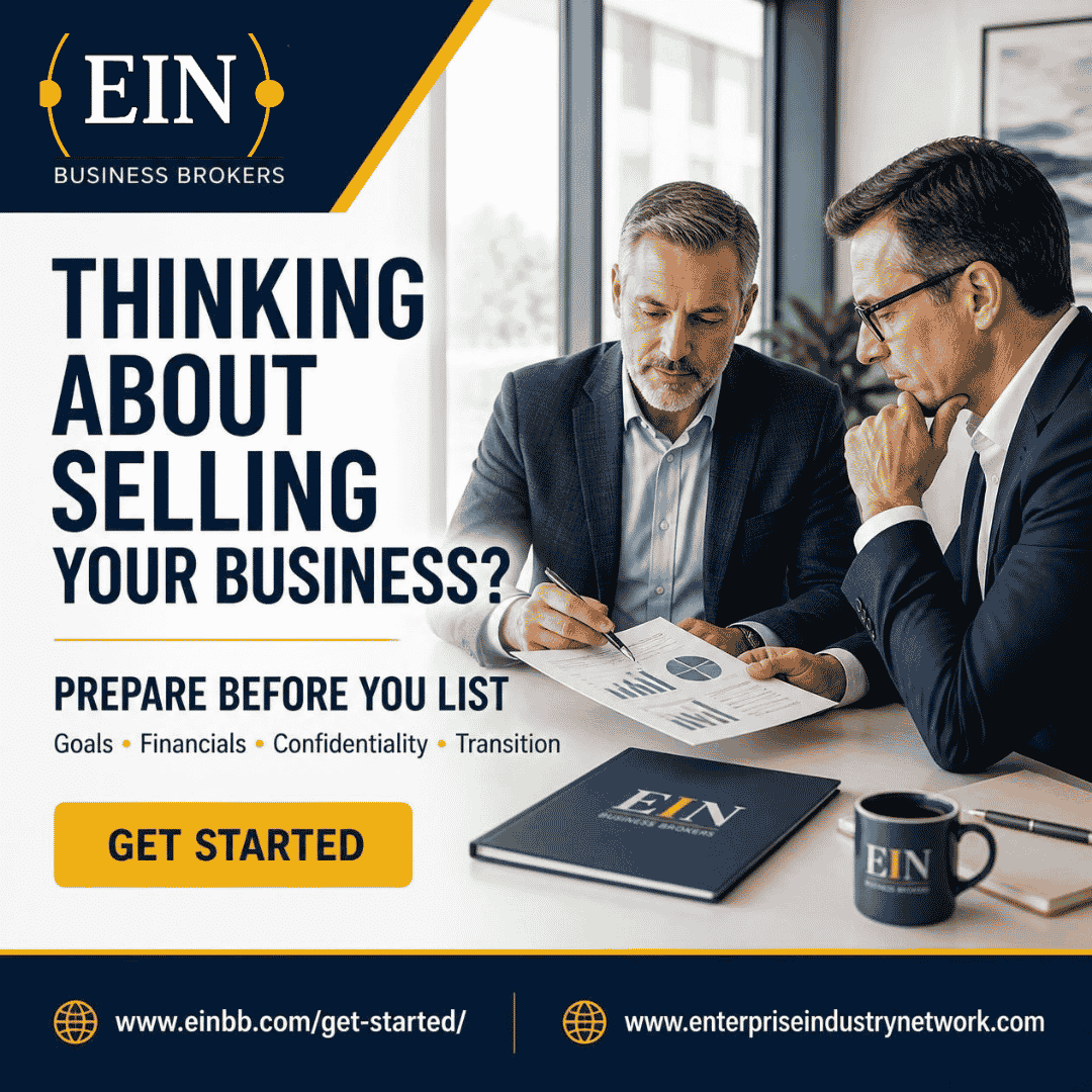 EIN Business Brokers graphic encouraging business owners to prepare their goals, financials, confidentiality plan and transition strategy before selling a business.