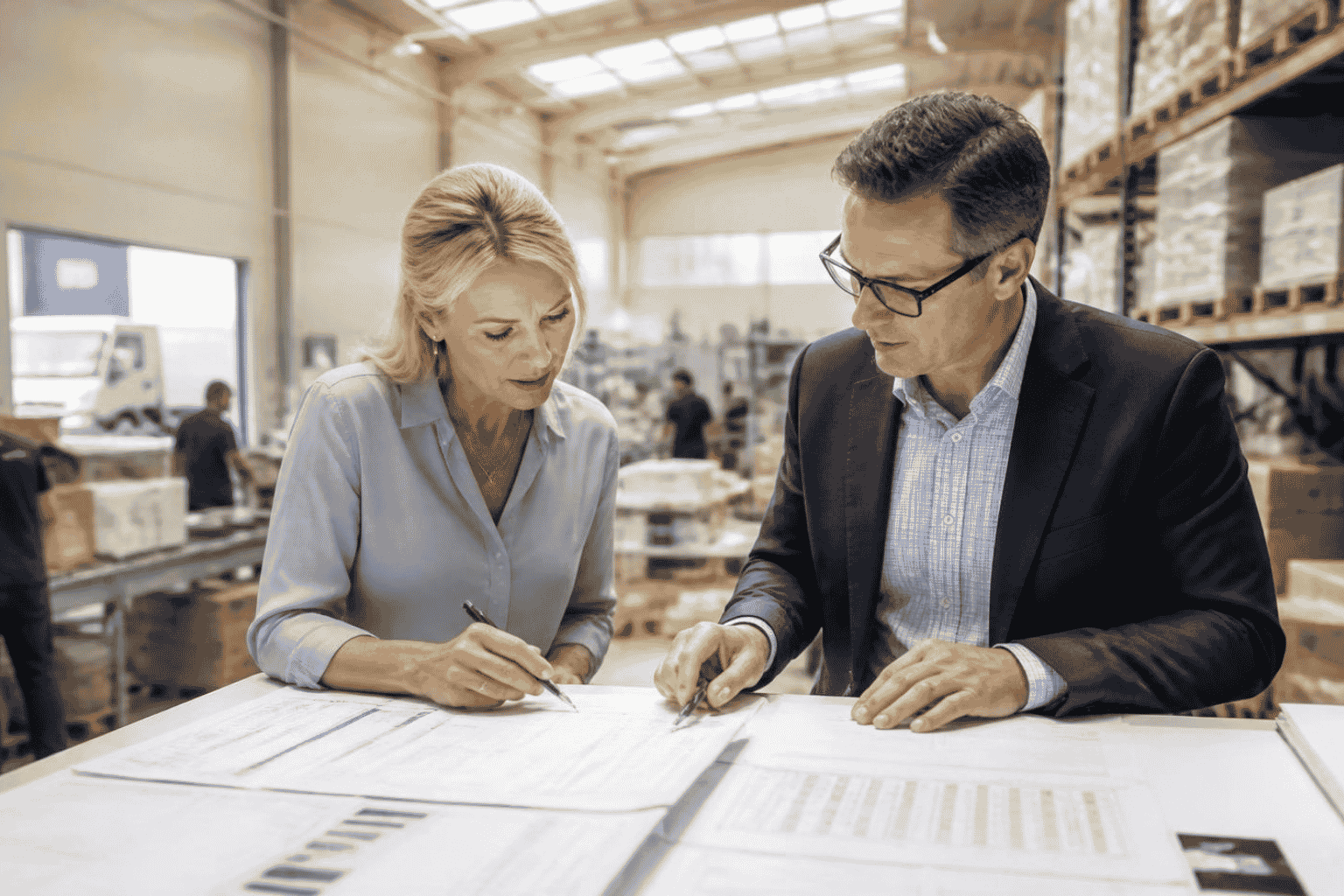 Business owner and consultant reviewing vendor costs and purchasing leakage