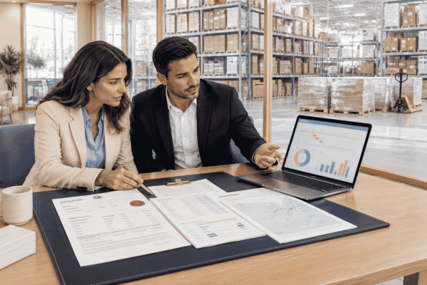 Business owner reviewing purchase order financing for supplier costs on a large customer order