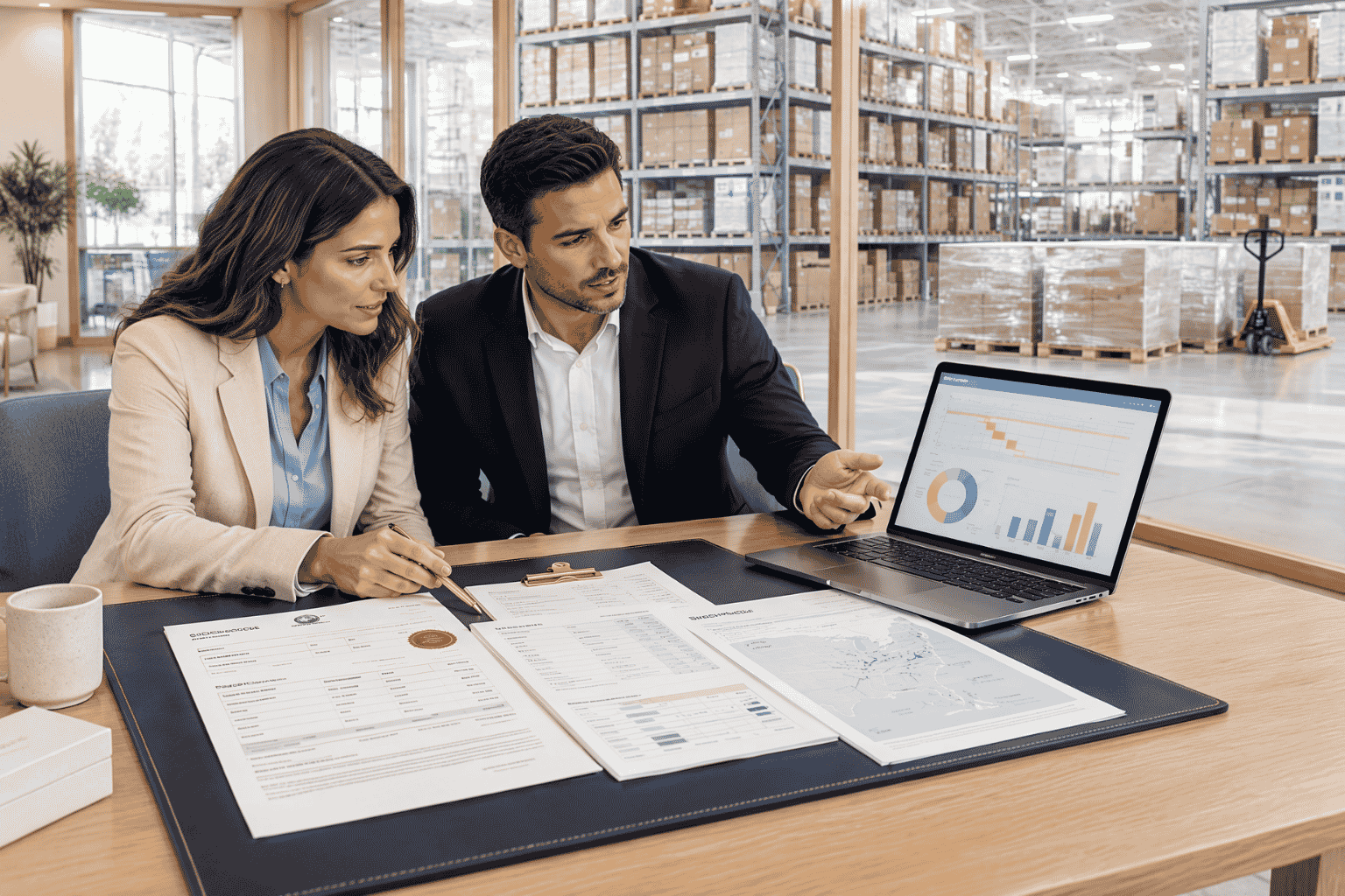 Business owner reviewing purchase order financing for supplier costs on a large customer order