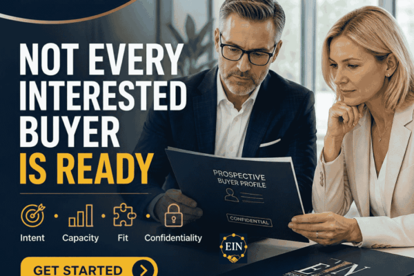 EIN Business Brokers graphic encouraging business owners to qualify prospective buyers before sharing confidential financial and operational information.