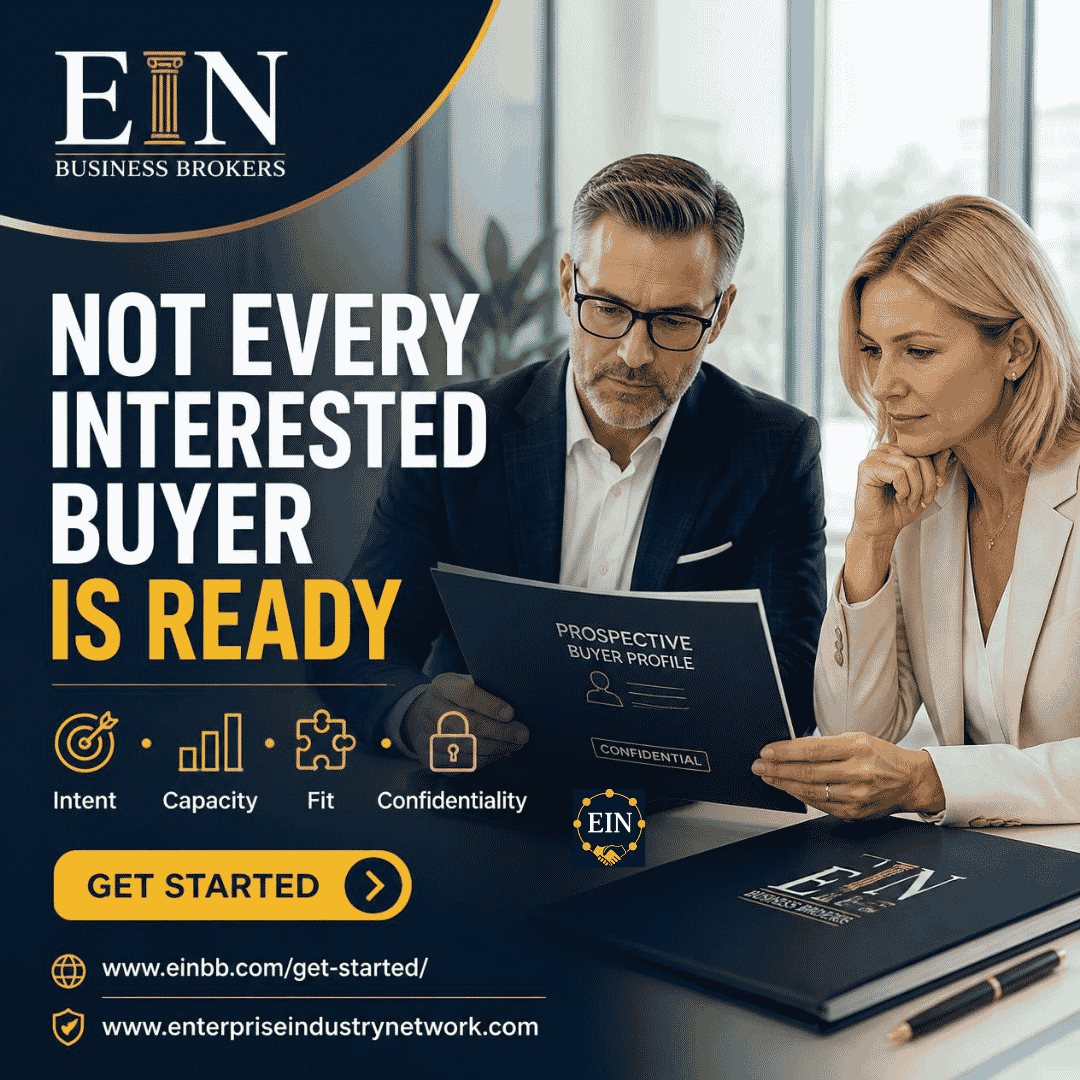 EIN Business Brokers graphic encouraging business owners to qualify prospective buyers before sharing confidential financial and operational information.