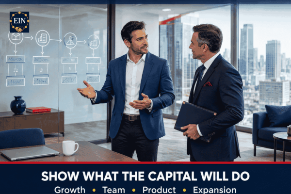 EIN Venture Capital graphic encouraging founders to clearly explain how investment capital would support growth, team development, products and business expansion.