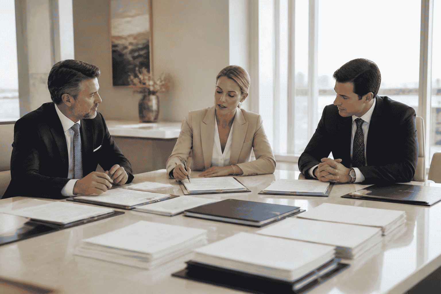 Business buyer seller and attorney reviewing representations and warranties in a purchase agreement