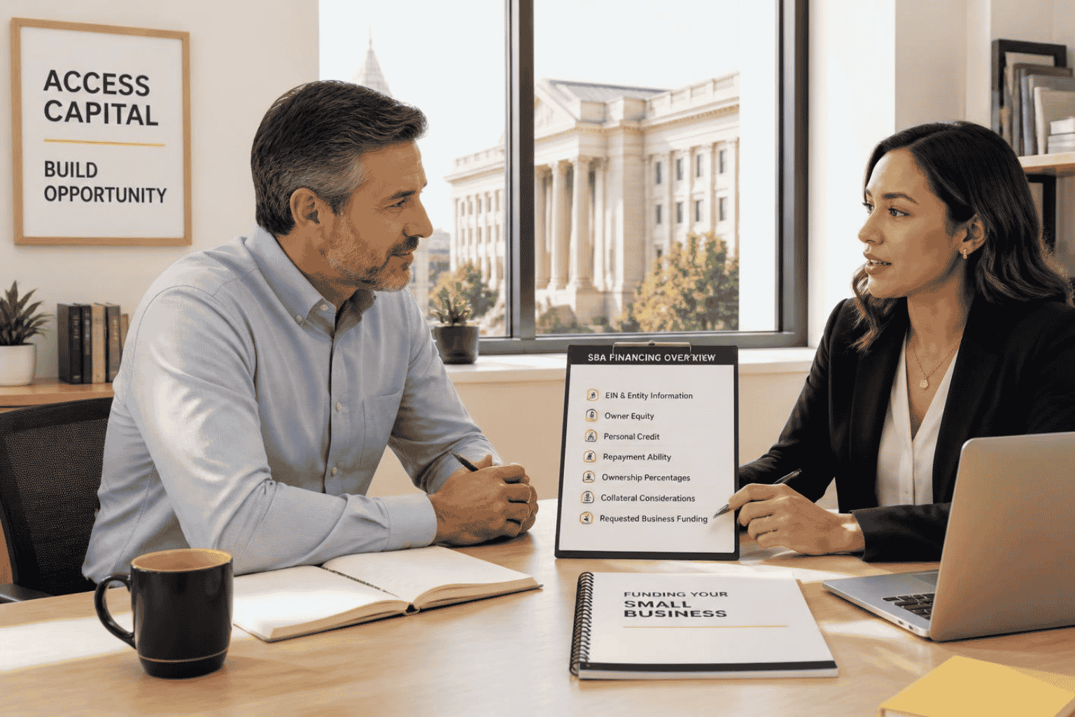 Business owner reviewing SBA 7a loan requirements including EIN ownership credit and owner equity