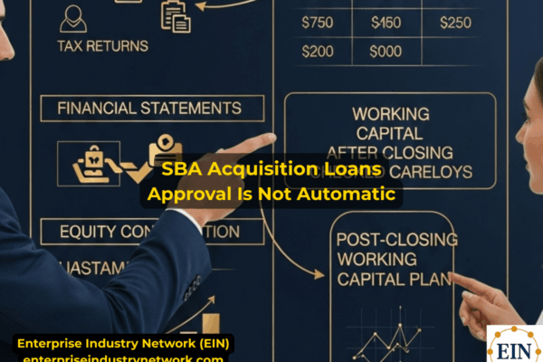 SBA business acquisition loan overview showing the factors lenders may review when financing the purchase of an existing business, including cash flow, buyer equity, purchase price, and working capital.